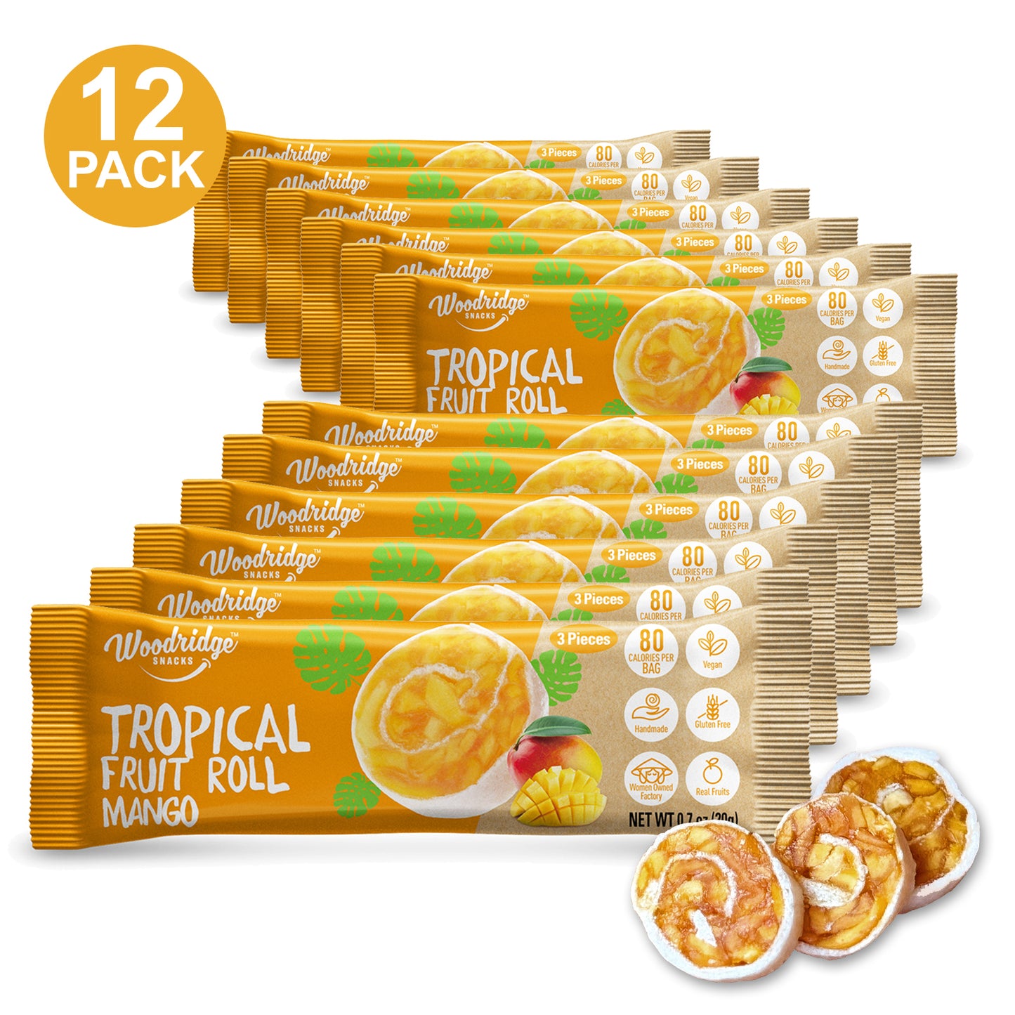 Woodridge Tropical Fruit Roll Mango packages with a 12-pack count on a white background #pack size_12-Pack (12 x 0.7 oz Packs)