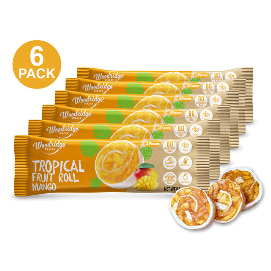 Woodridge Tropical Fruit Roll Mango packaging with a 6-pack option on a white background #pack size_6-Pack (6 x 0.7 oz Packs)
