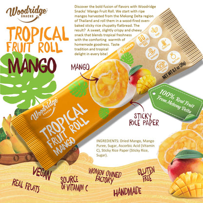 An ad of a mango fruit roll by Woodridge Snacks.