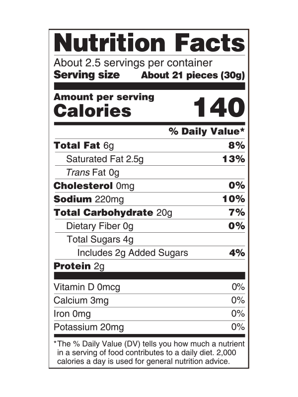 nutrition label for sticky rice sriracha chips