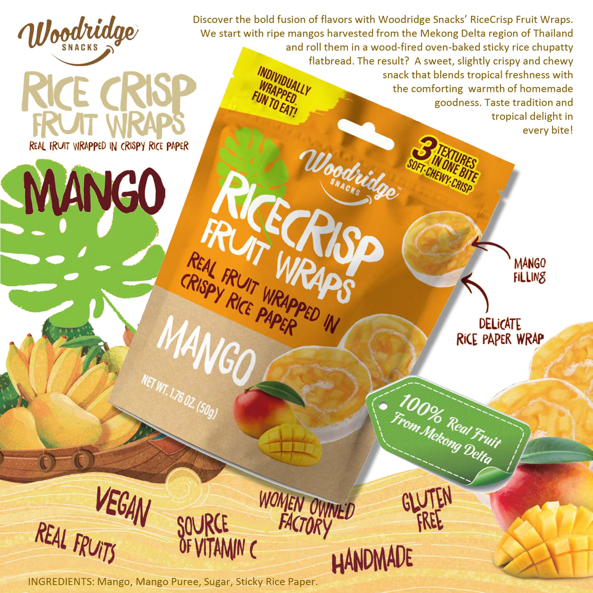 RiceCrisp Fruit Wraps – Mango (1.76 oz / 50g Bags)
