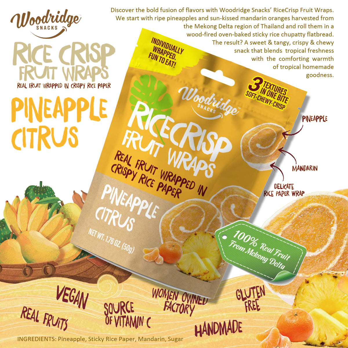 RiceCrisp Fruit Wraps – Pineapple Citrus (1.76 oz / 50g Bags)