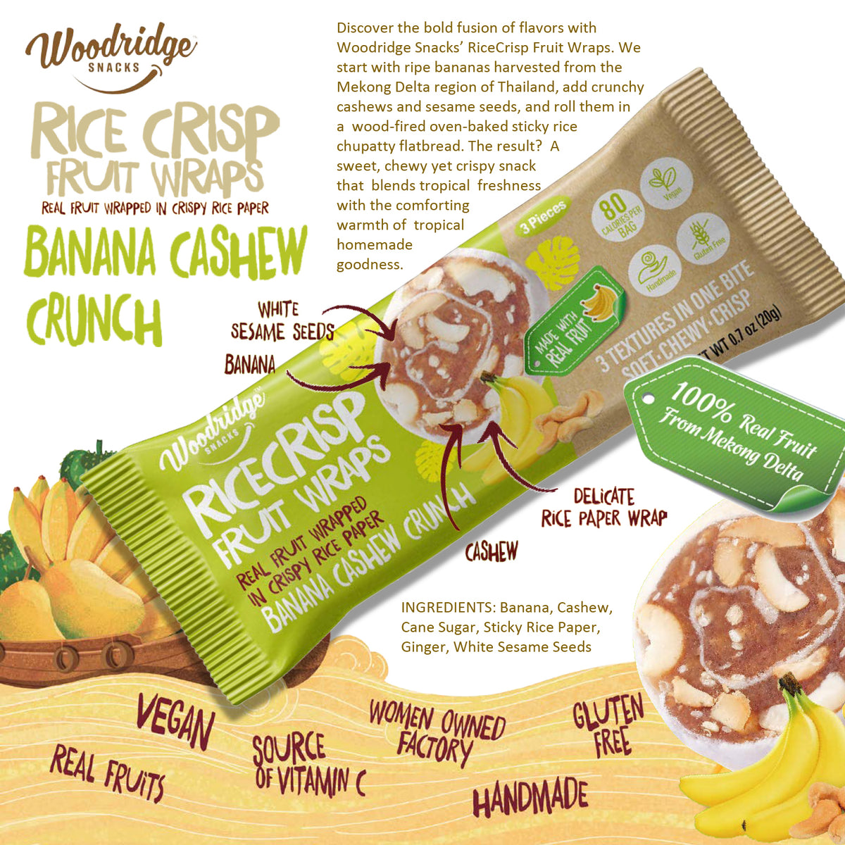 RiceCrisp Fruit Wraps – Banana Cashew Crunch | 80-ct 0.7 oz (20g) Single Serve Packs
