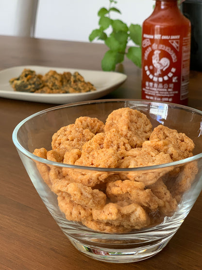 crispy rice chips in glass bowl 