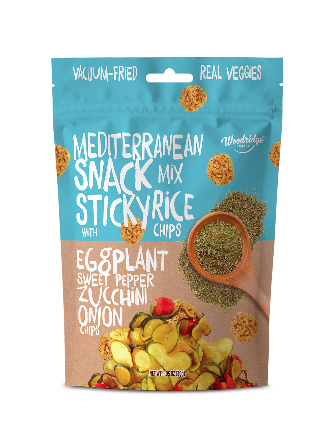 vacuum packed veggie chips in blue packaging with rice chips