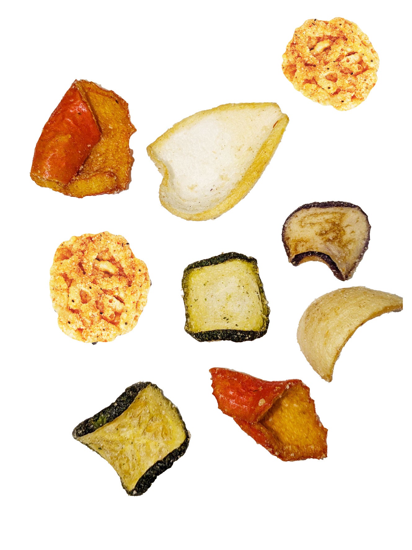 crispy onion, zucchini, bell peppers and eggplant chips with Mediterranean seasonings and rice chips