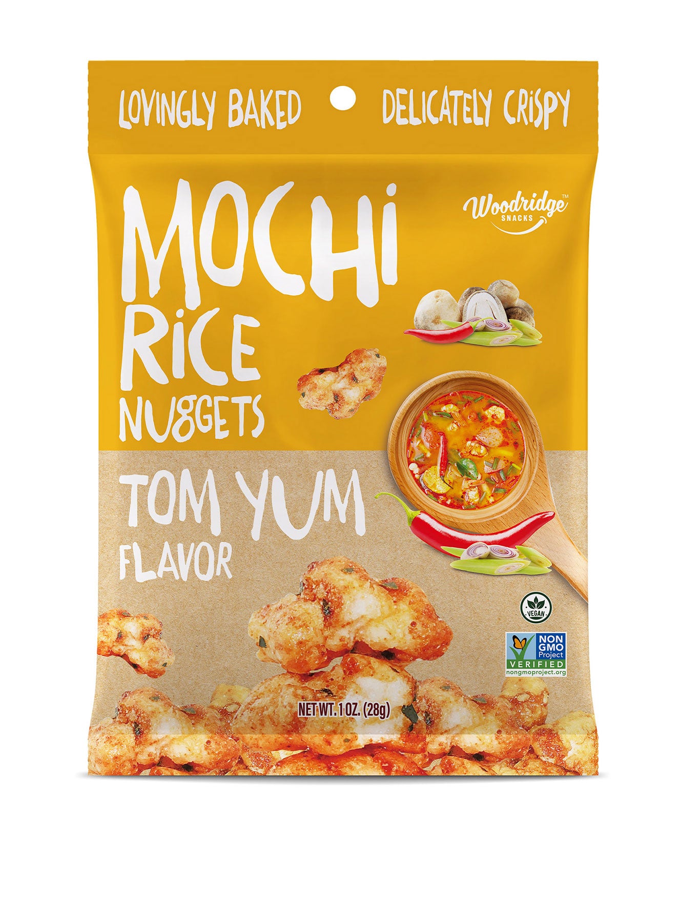 mochi rice nugget in tom yum flavor single serving front of packaging, in yellow 