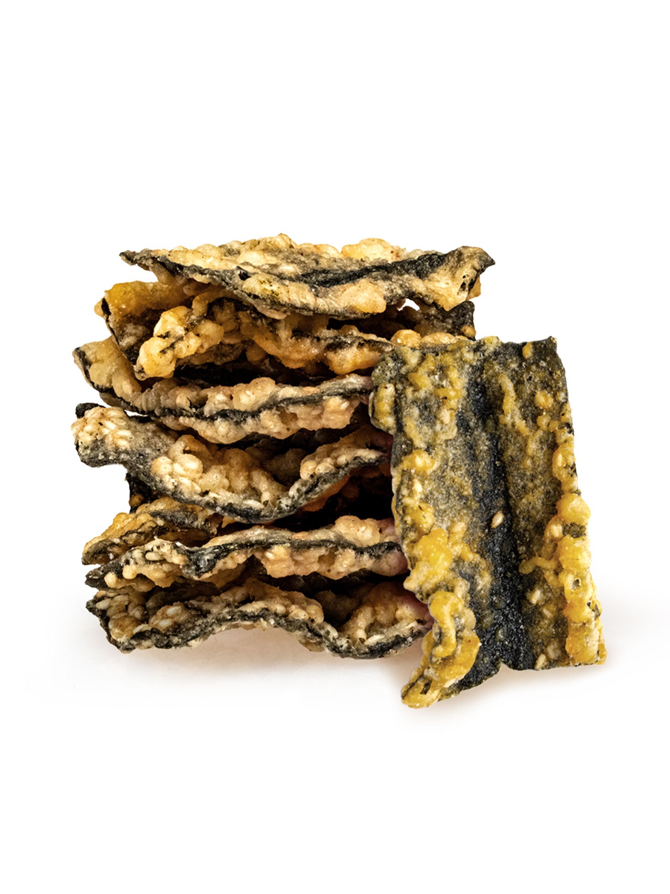 close up of tempura seaweed, se crispy bits and battered ridges of seaweed 