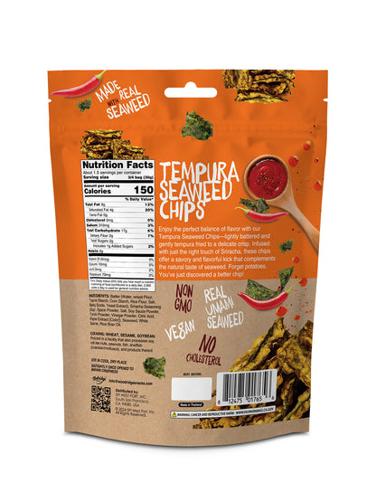 back of packaging for tempura seaweed in sriracha flavor with nutrient facts 