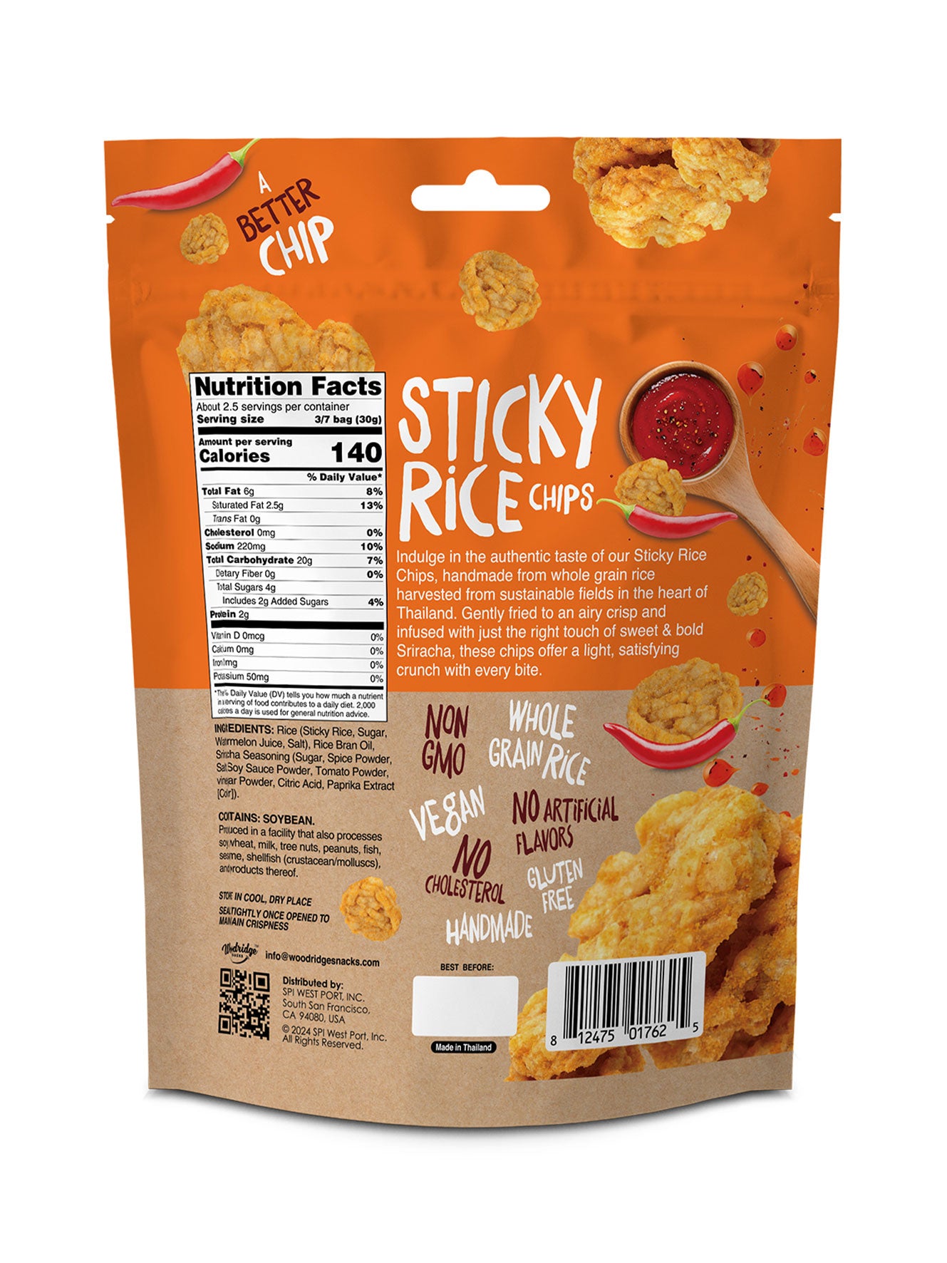 70 gram bag of sriracha rice chips, back packaging with nutrient facts 