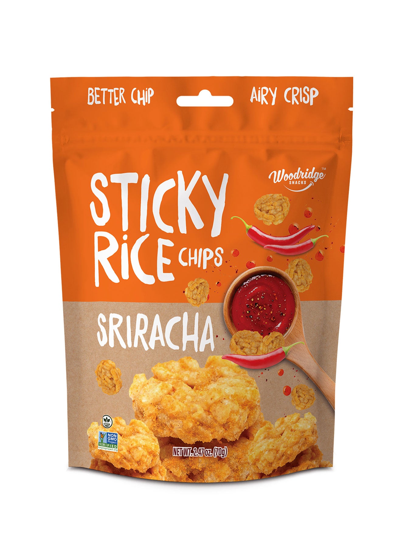 70 gram bag of sriracha rice chips